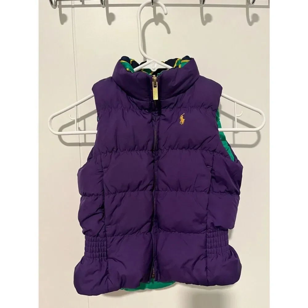 Ralph Lauren Reversible Emerald Green Purple Quilted Puffer Zipper Closure Vest